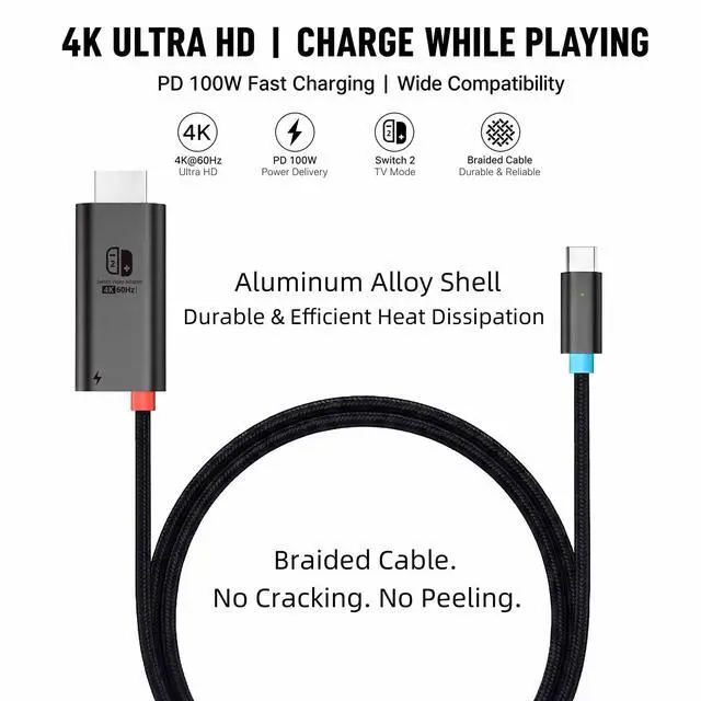 Alt view image 4 of 6 - Switch 2 Dock HDMI Cable 6.56ft / 2m, 4K@60Hz HDR HDMI 2.0 TV Adapter, 100W PD 3.0 Fast Charging Portable Docking Station Compatible with Nintendo Switch 2/OLED/Steam Deck/ROG Ally X