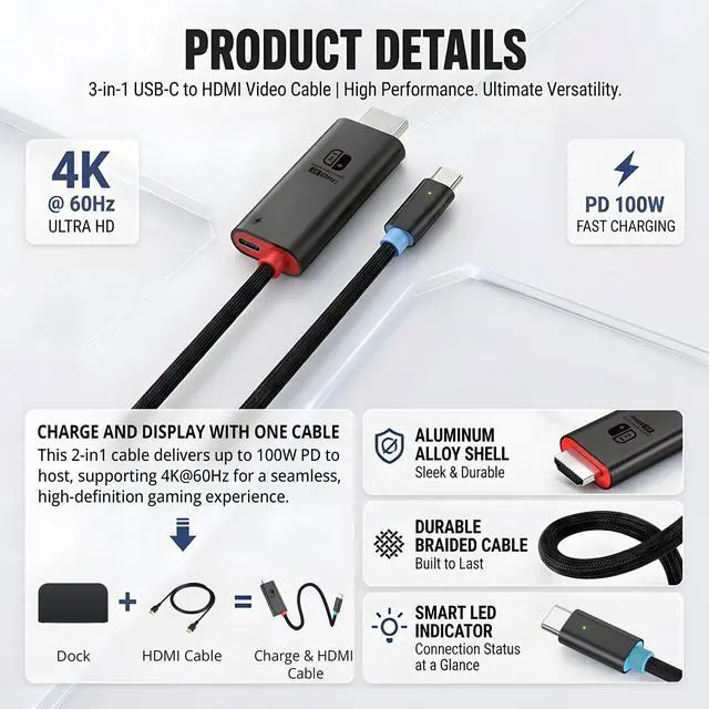 Alt view image 5 of 6 - Switch 2 Dock HDMI Cable 6.56ft / 2m, 4K@60Hz HDR HDMI 2.0 TV Adapter, 100W PD 3.0 Fast Charging Portable Docking Station Compatible with Nintendo Switch 2/OLED/Steam Deck/ROG Ally X