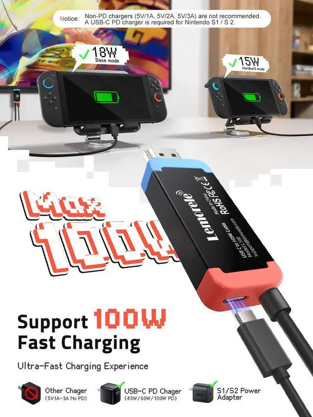 Alt view image 5 of 7 - 100W PD USBC to HDMI Adapter Cable for Switch 2, 4K@60Hz