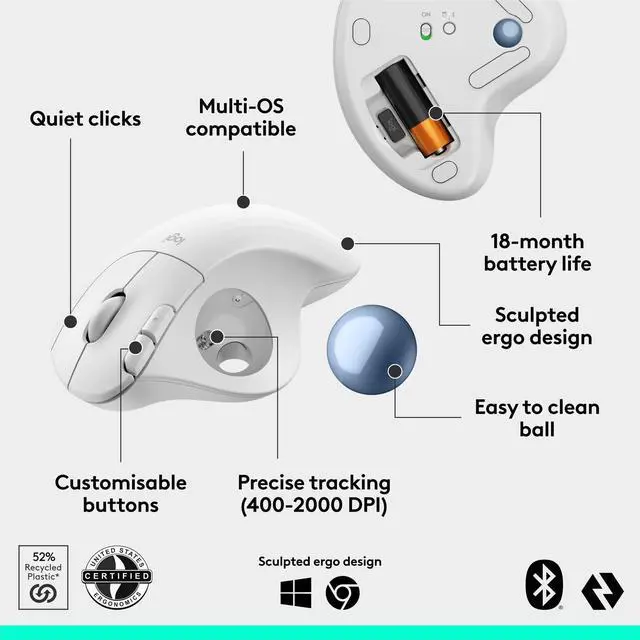 Alt view image 6 of 7 - Ergo M575S Wireless Bluetooth Trackball Mouse- Off-White Blue Ball