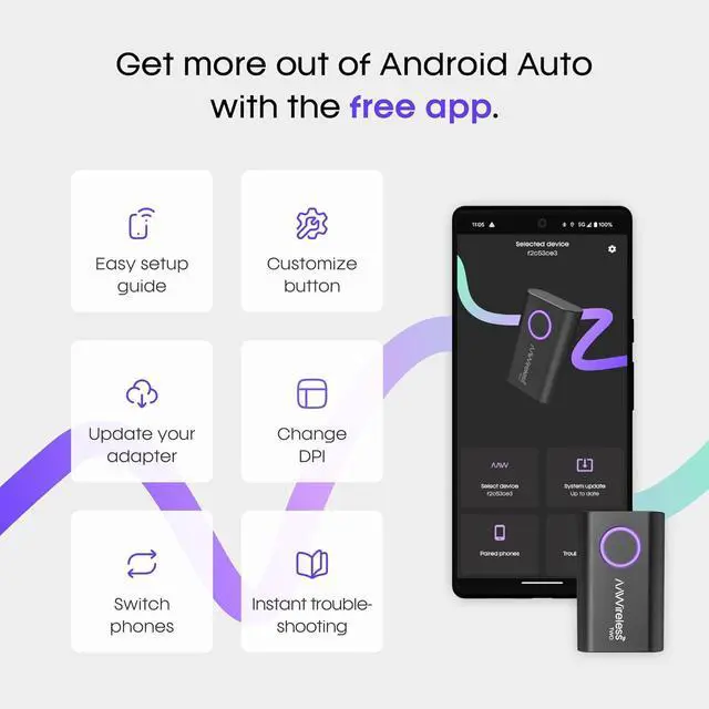 Alt view image 7 of 7 - Two Wireless Android Auto Adapter Convert Factory Wired Android Auto to Wireless Bluetooth & Wi-Fi Auto Connect Easy Plug & Play Multifunction Button Made in Europe