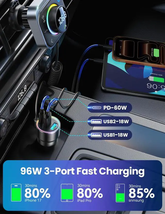 Alt view image 6 of 7 - Bluetooth 6.0 Car Adapter FM & AUX HiFi Bass 96W Fast Charging