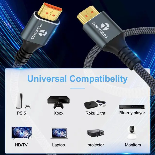 Alt view image 2 of 7 - 8K 4K HDMI Cable 10FT 2 Pack, High Speed Braided HDMI to HDMI 2.1 Cord Supports 8K@60Hz, 4K@120Hz 144Hz 48Gbps Compatible with Roku TV/PS5/HDTV/Blu-ray
