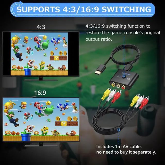 Alt view image 4 of 7 - RCA to HDMI Converter with AV Cable - 16:9/4:3 Conversion 1080P AV to HDMI Adapter for Wii/PS1/PS2/N64/X-box/DVD/VCR,Composite CVBS Video Audio Converter with HDMI Cable Supports PAL,NTSC