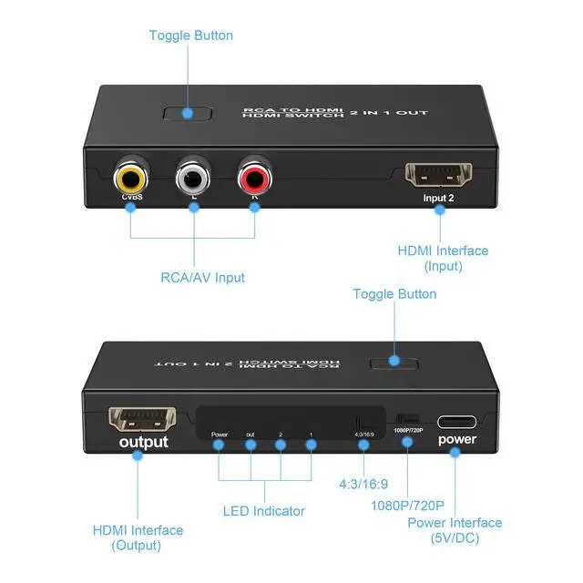 Alt view image 2 of 7 - RCA to HDMI Converter, AV to HDMI Converter Adapter 2 in 1 Out | (1 RCA and 1 hdmi in) with HDMI Cable Support 4K@30Hz 3D 1080P for VHS VCR Xbox PS4 Roku Blue-Ray DVD Players