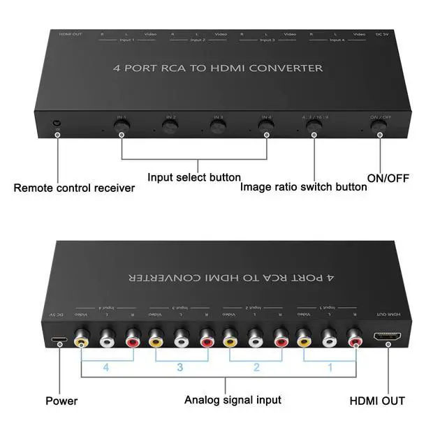 Alt view image 2 of 7 - 4Port AV to HDMI Converter, 4Port AV to HDMI Switcher with IR Remote, Support 16:9/4:3 and Quick Switch Compatible with WII/N64/SNES/Xbox/PS1/PS2/PS3/VHS/VCR/DVD Players etc.(4AV In-1HDMI Out)
