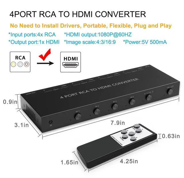 Alt view image 3 of 7 - 4Port AV to HDMI Converter, 4Port AV to HDMI Switcher with IR Remote, Support 16:9/4:3 and Quick Switch Compatible with WII/N64/SNES/Xbox/PS1/PS2/PS3/VHS/VCR/DVD Players etc.(4AV In-1HDMI Out)