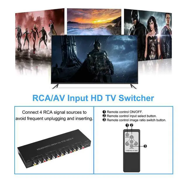 Alt view image 5 of 7 - 4Port AV to HDMI Converter, 4Port AV to HDMI Switcher with IR Remote, Support 16:9/4:3 and Quick Switch Compatible with WII/N64/SNES/Xbox/PS1/PS2/PS3/VHS/VCR/DVD Players etc.(4AV In-1HDMI Out)