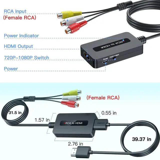 Alt view image 5 of 7 - Female RCA to HDMI Cable Converter with HDMI and RCA Cables, CVBS Composite AV to HDMI Converter, Full HD 720P/1080P Output Switch for N64/ PS2/ Wii