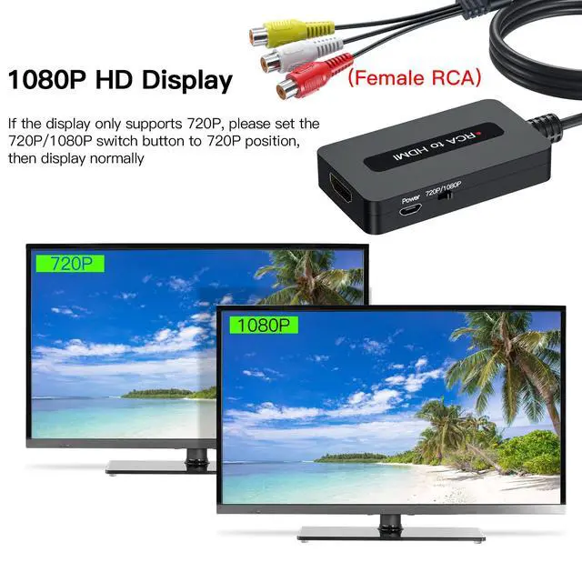 Alt view image 7 of 7 - Female RCA to HDMI Cable Converter with HDMI and RCA Cables, CVBS Composite AV to HDMI Converter, Full HD 720P/1080P Output Switch for N64/ PS2/ Wii