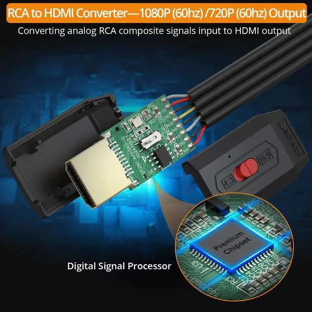 Alt view image 2 of 7 - RCA to HDMI Converter 60cm/2ft AV to HDMI Cable | Supports 16:9/4:3 Aspect Conversion Built-in RCA Cable