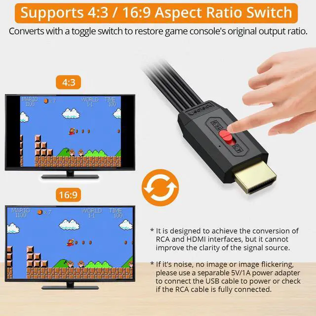 Alt view image 3 of 7 - RCA to HDMI Converter 60cm/2ft AV to HDMI Cable | Supports 16:9/4:3 Aspect Conversion Built-in RCA Cable