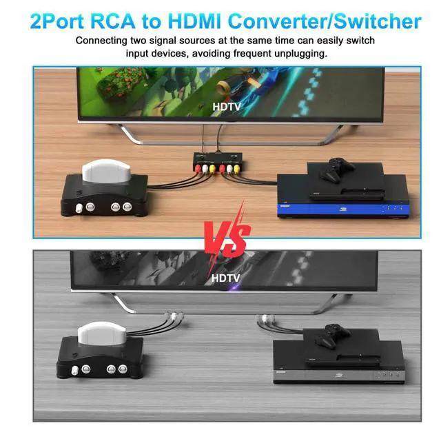Alt view image 5 of 7 - 2Port RCA/AV to HDMI Converter Adapter for WII, N64, Xbox, PS1/2/3,DVD Players etc (2AV in-1 HDMI Out)