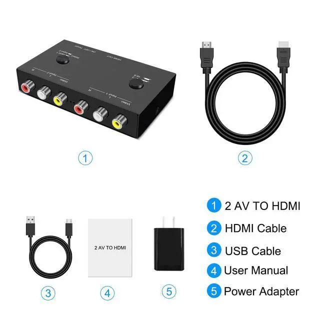 Alt view image 7 of 7 - 2Port RCA/AV to HDMI Converter Adapter for WII, N64, Xbox, PS1/2/3,DVD Players etc (2AV in-1 HDMI Out)