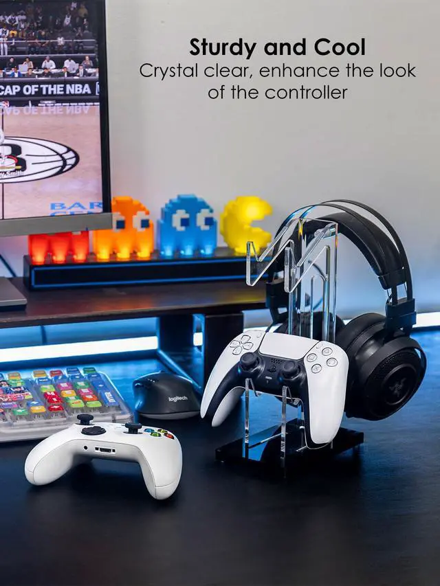Alt view image 2 of 6 - Headset and Controller Stand, Space-Saving 2 Tier Game Controller Holder, Acrylic Controller and Headset Stand for Desktop, Universal Design Compatible with PS5/PS4/Xbox/Switch (Deep Black)
