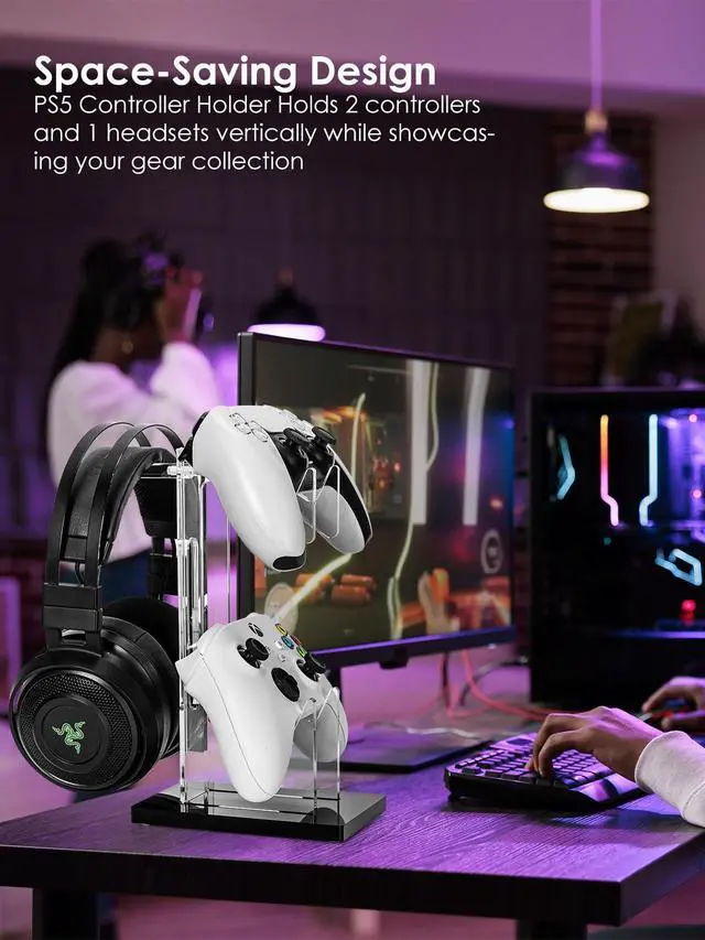 Alt view image 3 of 6 - Headset and Controller Stand, Space-Saving 2 Tier Game Controller Holder, Acrylic Controller and Headset Stand for Desktop, Universal Design Compatible with PS5/PS4/Xbox/Switch (Deep Black)