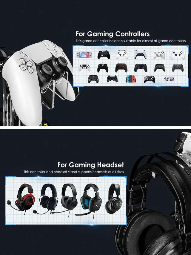 Alt view image 4 of 6 - Headset and Controller Stand, Space-Saving 2 Tier Game Controller Holder, Acrylic Controller and Headset Stand for Desktop, Universal Design Compatible with PS5/PS4/Xbox/Switch (Deep Black)
