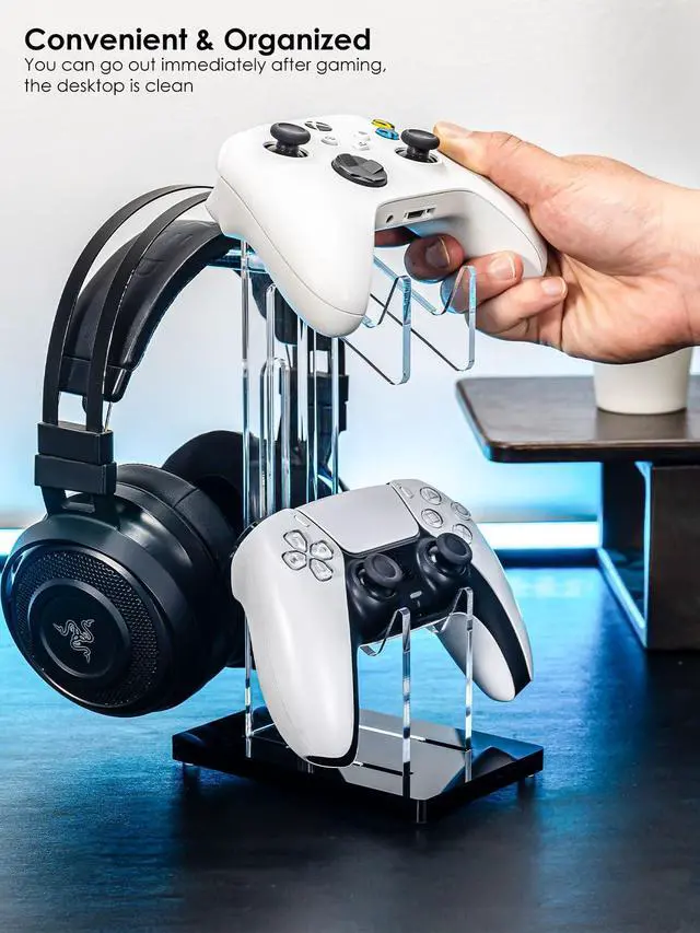 Alt view image 5 of 6 - Headset and Controller Stand, Space-Saving 2 Tier Game Controller Holder, Acrylic Controller and Headset Stand for Desktop, Universal Design Compatible with PS5/PS4/Xbox/Switch (Deep Black)