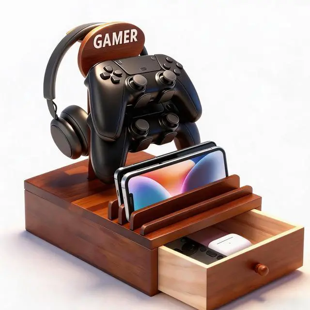 Main image of Gamer Controller Holder Headphone Stand with Storage Drawer for Gaming Equipment,Wood Gamer Gifts for Teenage Boy,Headpset Stand Gaming Desk Accessories for Fathers Day Men,Son,Husband