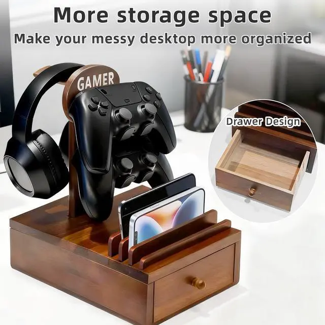 Alt view image 2 of 7 - Gamer Controller Holder Headphone Stand with Storage Drawer for Gaming Equipment,Wood Gamer Gifts for Teenage Boy,Headpset Stand Gaming Desk Accessories for Fathers Day Men,Son,Husband