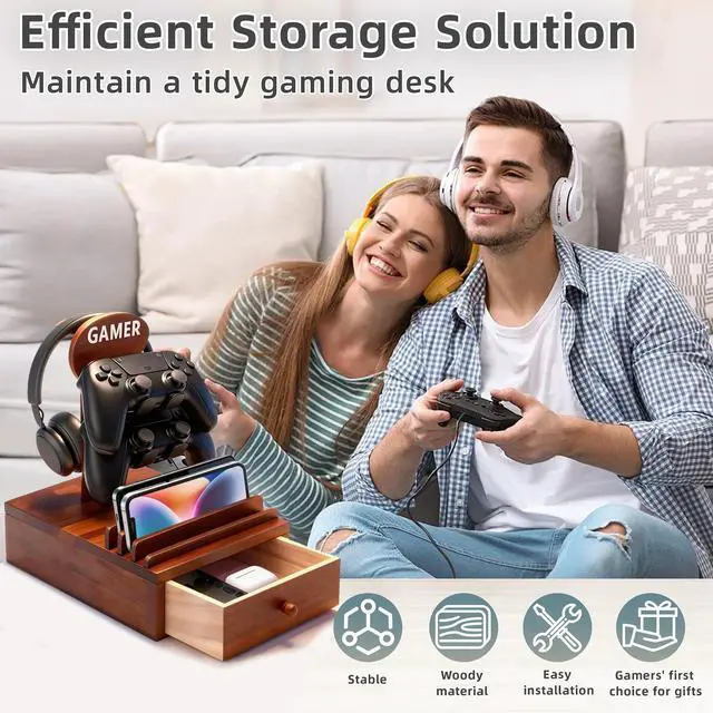Alt view image 4 of 7 - Gamer Controller Holder Headphone Stand with Storage Drawer for Gaming Equipment,Wood Gamer Gifts for Teenage Boy,Headpset Stand Gaming Desk Accessories for Fathers Day Men,Son,Husband