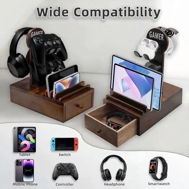 Alt view image 5 of 7 - Gamer Controller Holder Headphone Stand with Storage Drawer for Gaming Equipment,Wood Gamer Gifts for Teenage Boy,Headpset Stand Gaming Desk Accessories for Fathers Day Men,Son,Husband