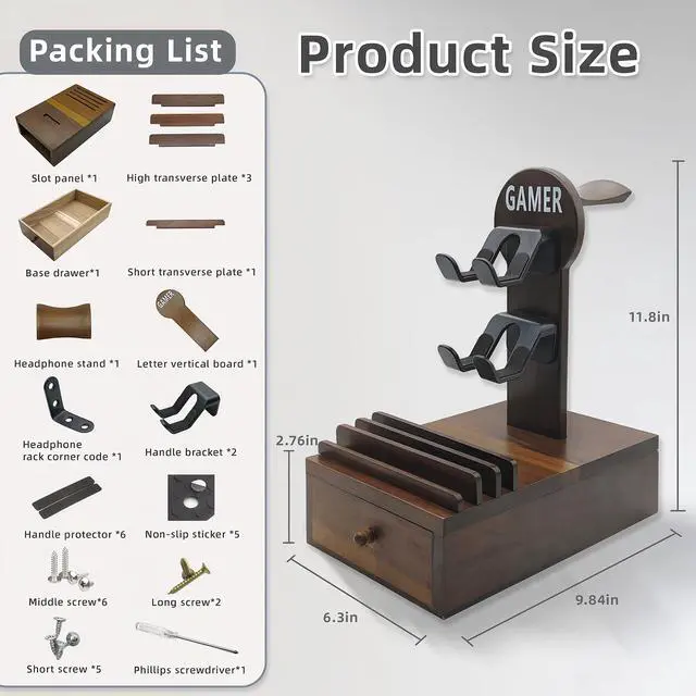 Alt view image 6 of 7 - Gamer Controller Holder Headphone Stand with Storage Drawer for Gaming Equipment,Wood Gamer Gifts for Teenage Boy,Headpset Stand Gaming Desk Accessories for Fathers Day Men,Son,Husband