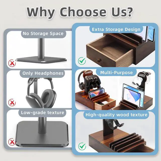 Alt view image 7 of 7 - Gamer Controller Holder Headphone Stand with Storage Drawer for Gaming Equipment,Wood Gamer Gifts for Teenage Boy,Headpset Stand Gaming Desk Accessories for Fathers Day Men,Son,Husband