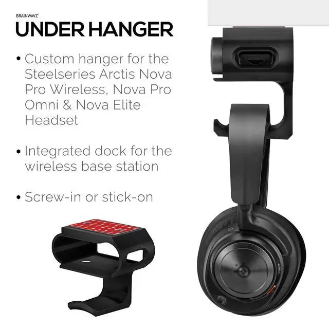 Alt view image 3 of 7 - Under Desk Headphone Hanger Stand for Steelseries Arctis Nova Pro, Elite and Pro Omni Wireless Headsets with Dock for the Wireless Base Station by (HPS02)