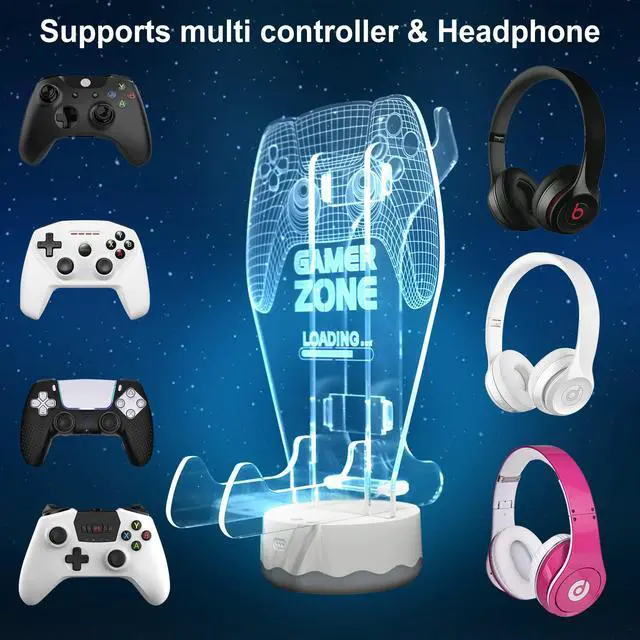 Alt view image 4 of 7 - Light up Headphone Controller Holder, 16 Colors 3D LED Lights Gamepad Headset Stand, Game Controller Hanger for All Universal Gaming PC Accessories