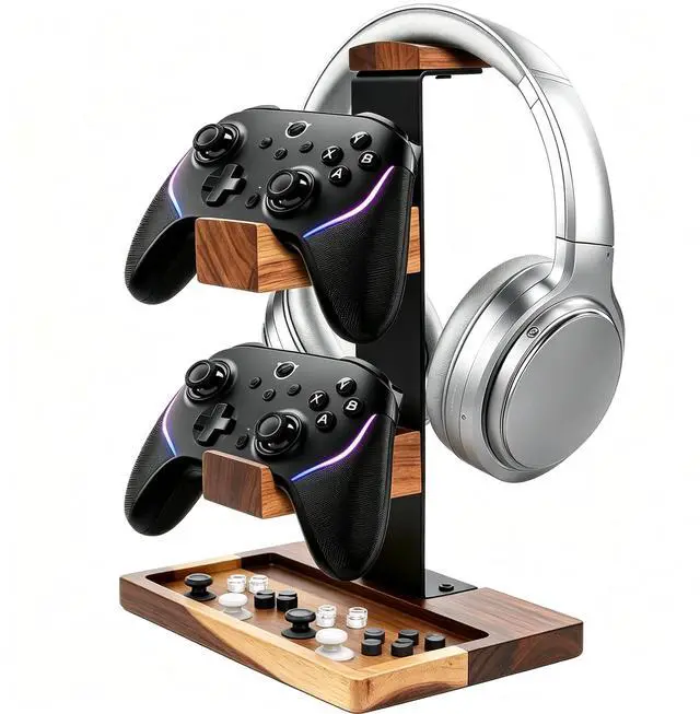Main image of Acacia Wood Gaming Headset Stand & Dual Controller Holder, Solid Wood Desk Organizer Compatible with PS5, Xbox, Switch, Over-Ear Headphones, Gamer Gift for Men