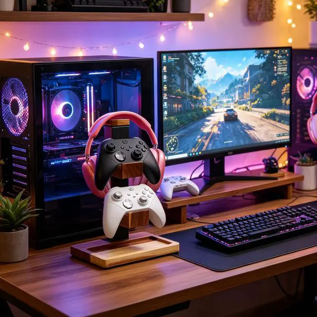 Alt view image 2 of 7 - Acacia Wood Gaming Headset Stand & Dual Controller Holder, Solid Wood Desk Organizer Compatible with PS5, Xbox, Switch, Over-Ear Headphones, Gamer Gift for Men