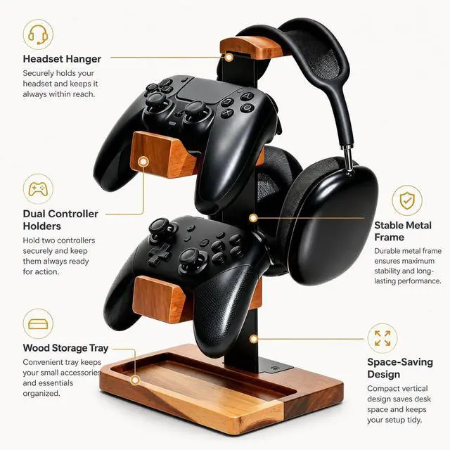 Alt view image 4 of 7 - Acacia Wood Gaming Headset Stand & Dual Controller Holder, Solid Wood Desk Organizer Compatible with PS5, Xbox, Switch, Over-Ear Headphones, Gamer Gift for Men