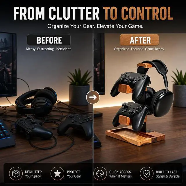 Alt view image 3 of 7 - Acacia Wood Gaming Headset Stand & Dual Controller Holder, Solid Wood Desk Organizer Compatible with PS5, Xbox, Switch, Over-Ear Headphones, Gamer Gift for Men
