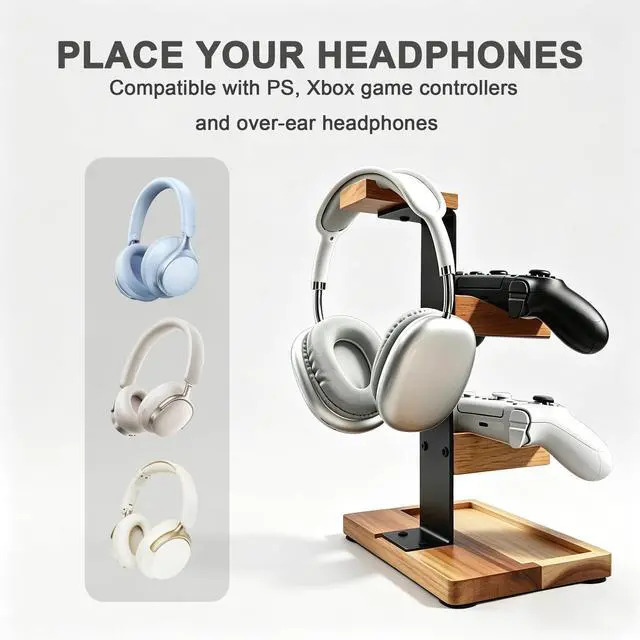 Alt view image 5 of 7 - Acacia Wood Gaming Headset Stand & Dual Controller Holder, Solid Wood Desk Organizer Compatible with PS5, Xbox, Switch, Over-Ear Headphones, Gamer Gift for Men
