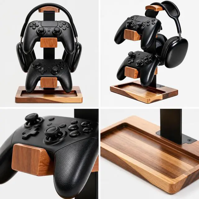 Alt view image 6 of 7 - Acacia Wood Gaming Headset Stand & Dual Controller Holder, Solid Wood Desk Organizer Compatible with PS5, Xbox, Switch, Over-Ear Headphones, Gamer Gift for Men