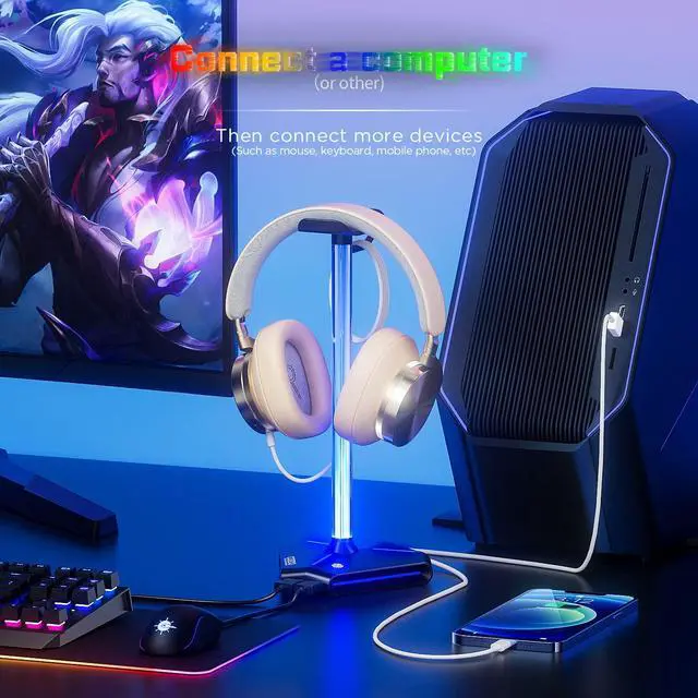 Alt view image 2 of 7 - RGB Headphone Stand with 2 USB2.0 Extension Charging Port Extender Cord,Headset Stand Holder for Gamer Desktop Table Game Earphone Accessories,PC Gaming Accessories for Gamer,Gifts for Boyfriend