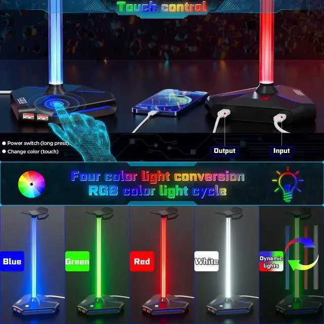 Alt view image 3 of 7 - RGB Headphone Stand with 2 USB2.0 Extension Charging Port Extender Cord,Headset Stand Holder for Gamer Desktop Table Game Earphone Accessories,PC Gaming Accessories for Gamer,Gifts for Boyfriend