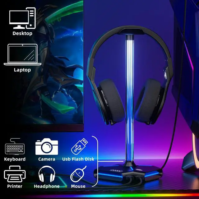 Alt view image 5 of 7 - RGB Headphone Stand with 2 USB2.0 Extension Charging Port Extender Cord,Headset Stand Holder for Gamer Desktop Table Game Earphone Accessories,PC Gaming Accessories for Gamer,Gifts for Boyfriend
