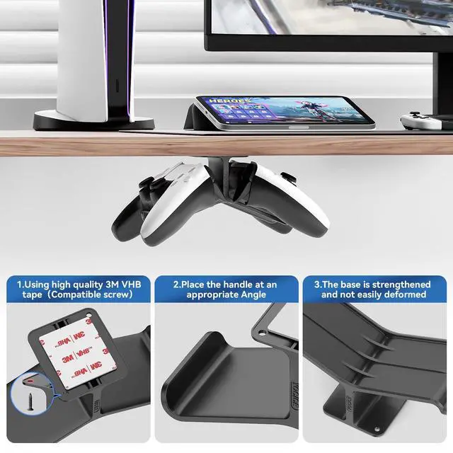 Alt view image 3 of 6 - Controller Holder,Headphone Stand Headset and Controller Stand Under Desk Controller Holder with Strong Double Sided Tape Universal Design for Xbox ONE, PS5, PS4, PC