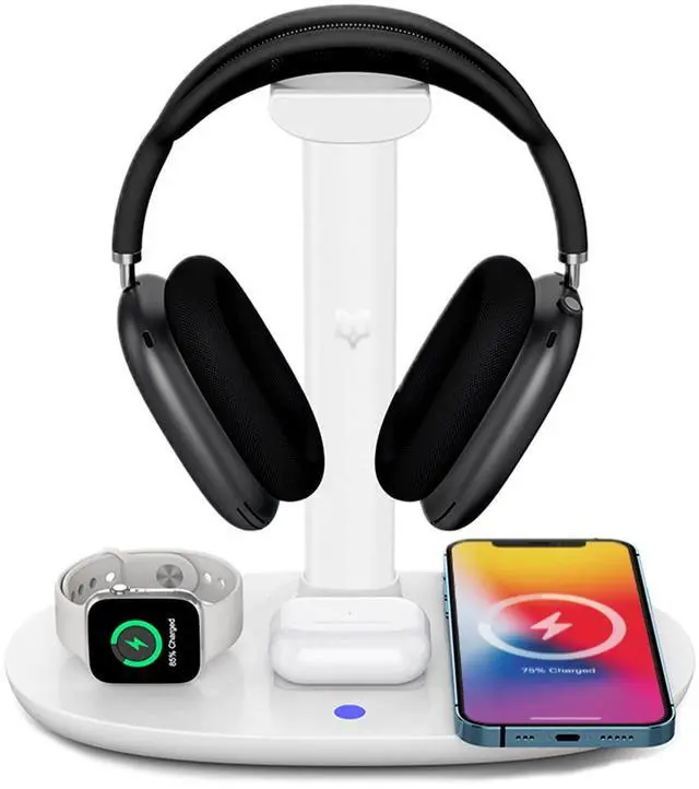 Main image of 4 in 1 Wireless Charger with Headphone Stand for iPhone 17 16 15 14 13 12 Pro Max, Apple Watch 11 10 Ultra SE, AirPods Max 4 & Samsung S25-15W Gaming Desk Organizer (Adapter Not Included)(White)