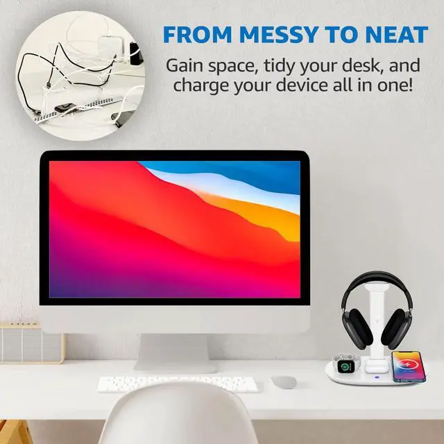 Alt view image 4 of 7 - 4 in 1 Wireless Charger with Headphone Stand for iPhone 17 16 15 14 13 12 Pro Max, Apple Watch 11 10 Ultra SE, AirPods Max 4 & Samsung S25-15W Gaming Desk Organizer (Adapter Not Included)(White)