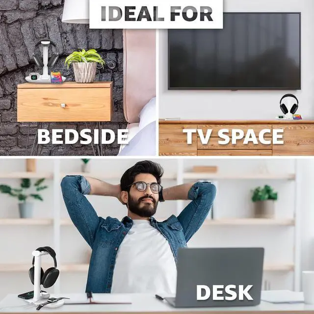 Alt view image 3 of 7 - 4 in 1 Wireless Charger with Headphone Stand for iPhone 17 16 15 14 13 12 Pro Max, Apple Watch 11 10 Ultra SE, AirPods Max 4 & Samsung S25-15W Gaming Desk Organizer (Adapter Not Included)(White)