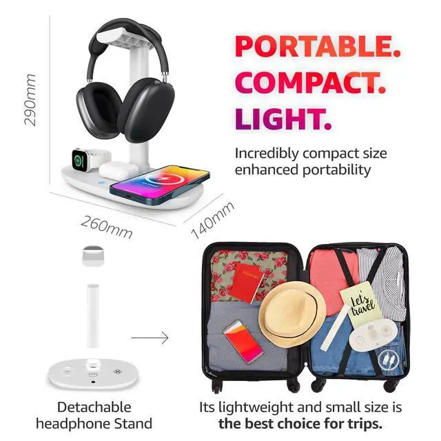 Alt view image 6 of 7 - 4 in 1 Wireless Charger with Headphone Stand for iPhone 17 16 15 14 13 12 Pro Max, Apple Watch 11 10 Ultra SE, AirPods Max 4 & Samsung S25-15W Gaming Desk Organizer (Adapter Not Included)(White)