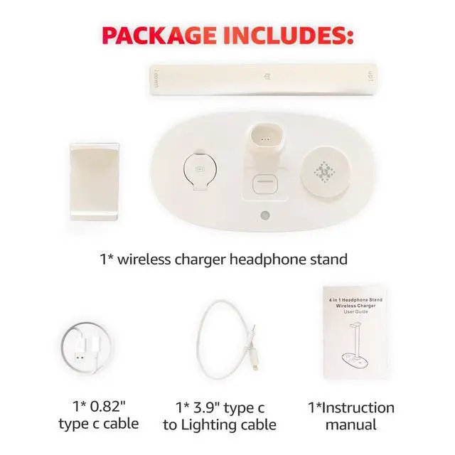 Alt view image 7 of 7 - 4 in 1 Wireless Charger with Headphone Stand for iPhone 17 16 15 14 13 12 Pro Max, Apple Watch 11 10 Ultra SE, AirPods Max 4 & Samsung S25-15W Gaming Desk Organizer (Adapter Not Included)(White)
