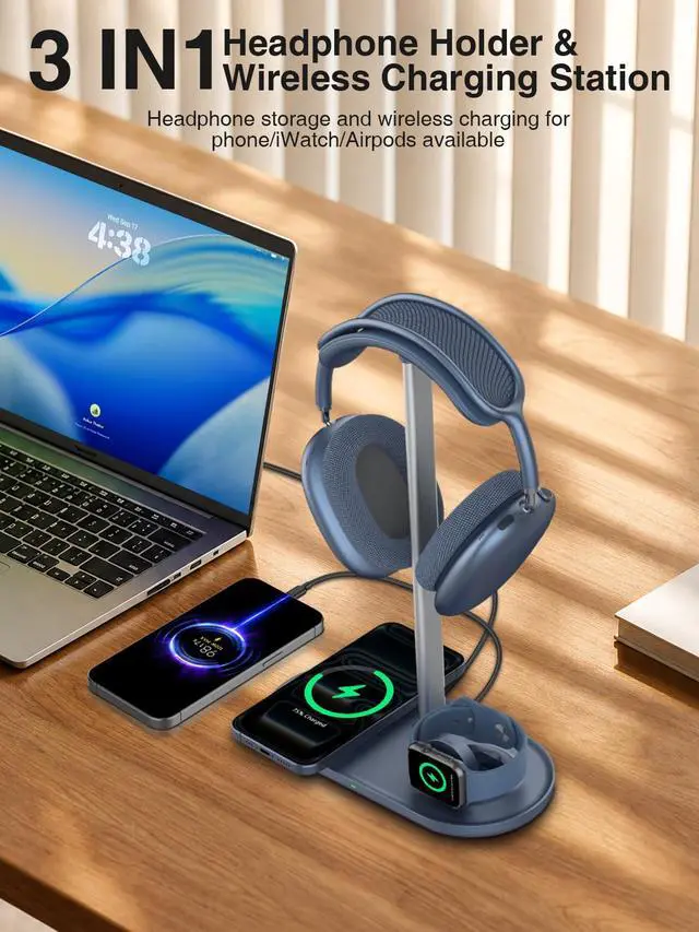 Alt view image 2 of 7 - 3 in 1 Headphone Stand, Airpod Max Charger Stand with 15W Wireless Charger, Aluminum Alloy Rod, Blue
