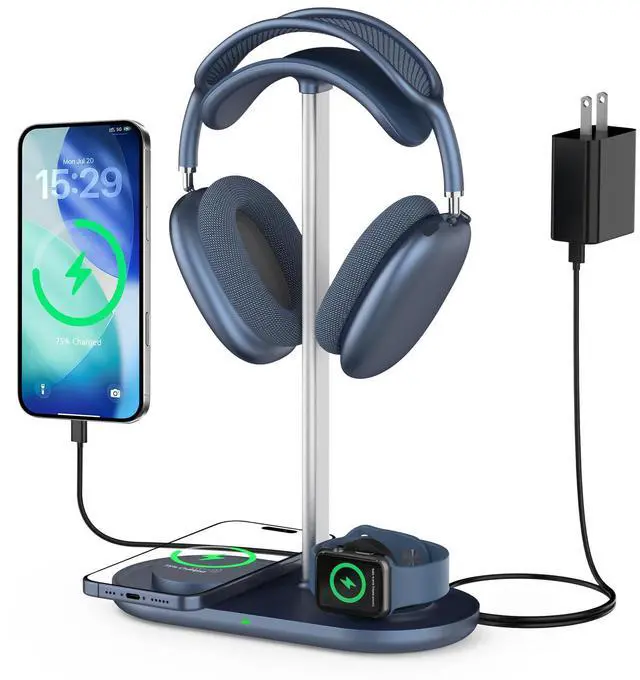 Main image of 3 in 1 Headphone Stand, Airpod Max Charger Stand with 15W Wireless Charger, Aluminum Alloy Rod, Blue