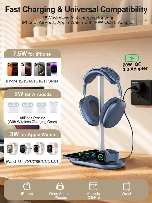 Alt view image 3 of 7 - 3 in 1 Headphone Stand, Airpod Max Charger Stand with 15W Wireless Charger, Aluminum Alloy Rod, Blue