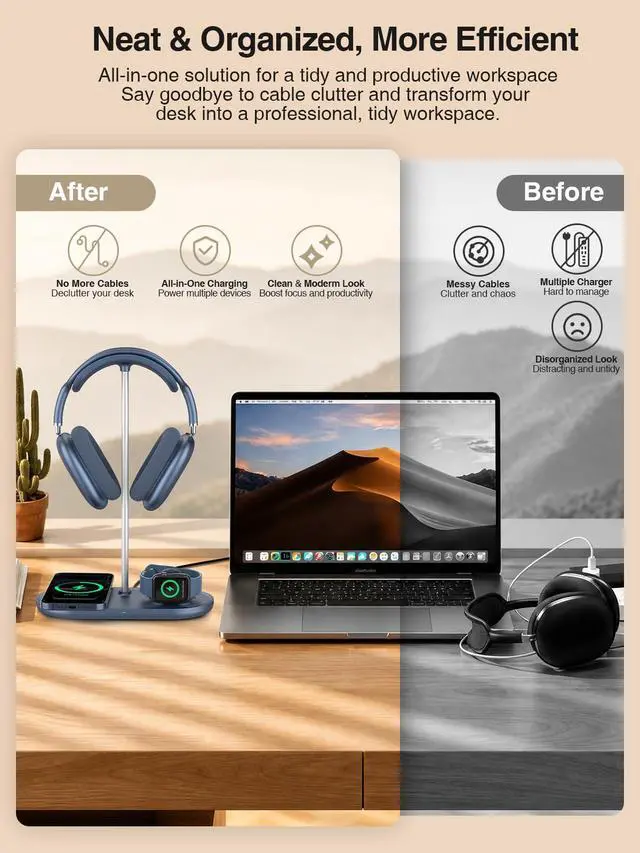 Alt view image 4 of 7 - 3 in 1 Headphone Stand, Airpod Max Charger Stand with 15W Wireless Charger, Aluminum Alloy Rod, Blue