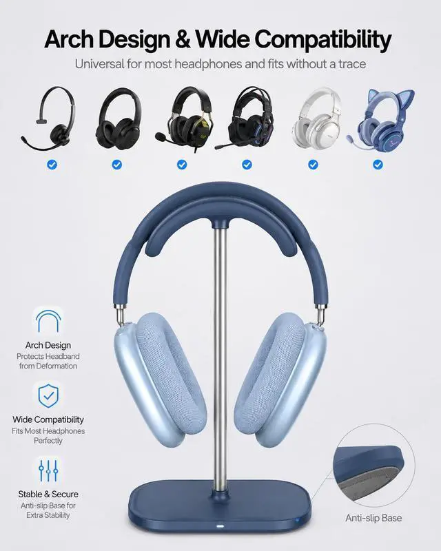 Alt view image 5 of 7 - 3 in 1 Headphone Stand, Airpod Max Charger Stand with 15W Wireless Charger, Aluminum Alloy Rod, Blue